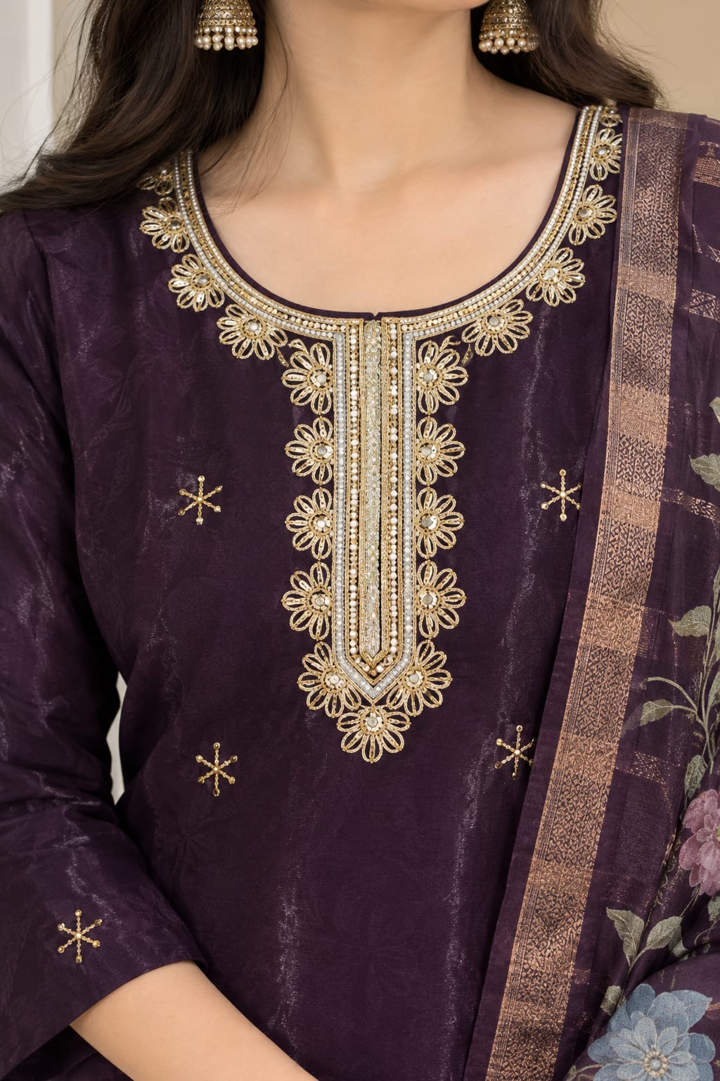 Stylish Deep Purple Kurta with Pants & Checkered Floral Dupatta Set