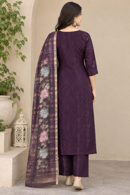 Stylish Deep Purple Kurta with Pants & Checkered Floral Dupatta Set