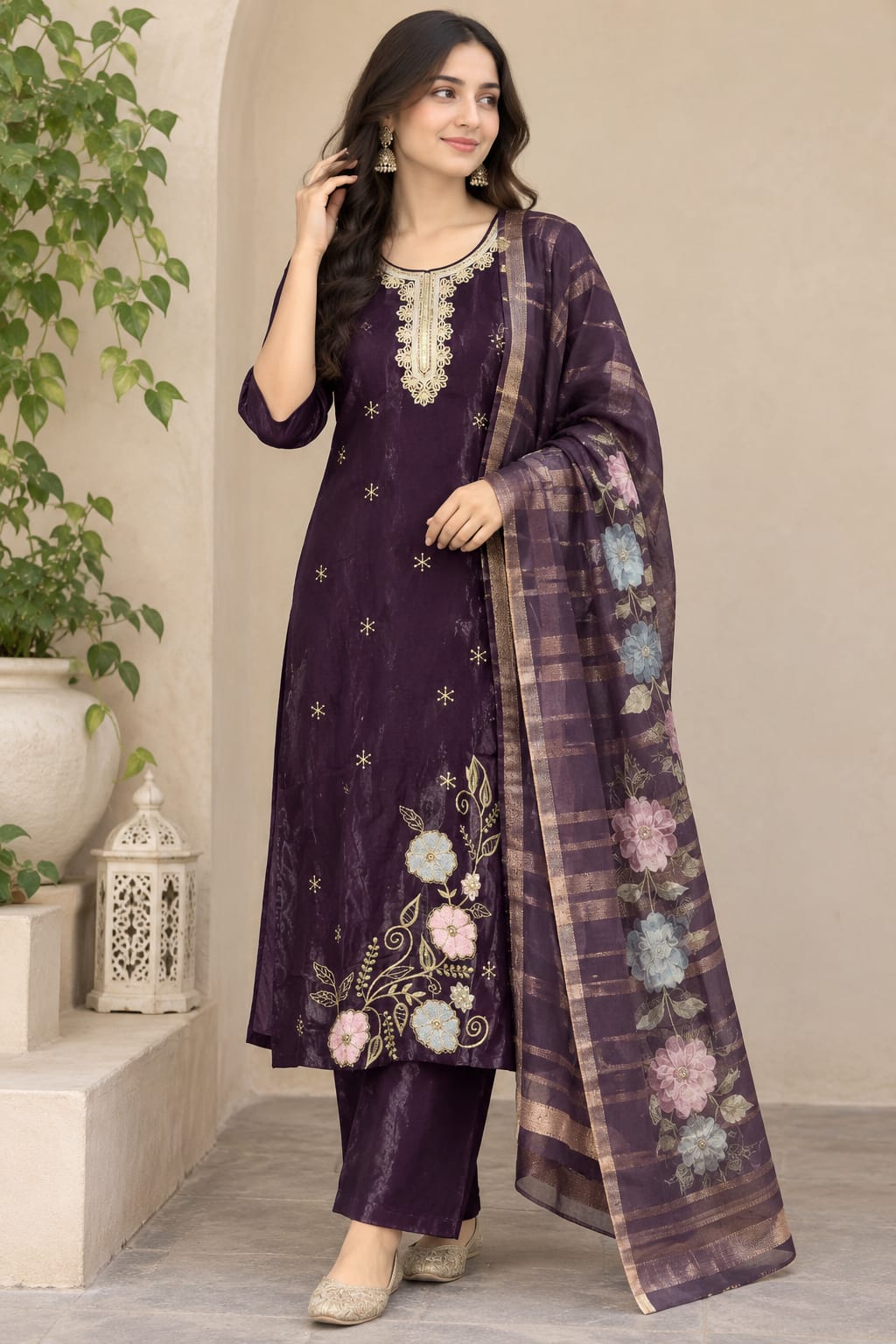 Stylish Deep Purple Kurta with Pants & Checkered Floral Dupatta Set