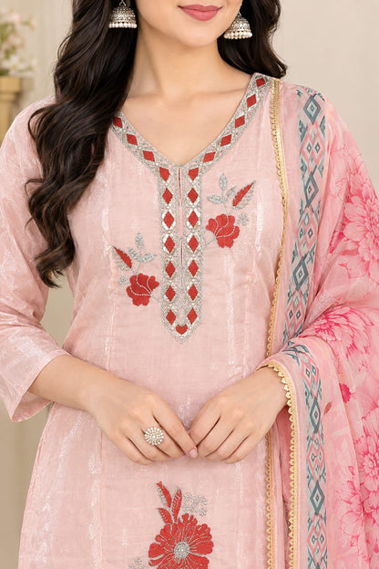 Elegant Peach Poly-Cotton Embroidered Straight Kurta with Pants and Floral Print Dupatta Set