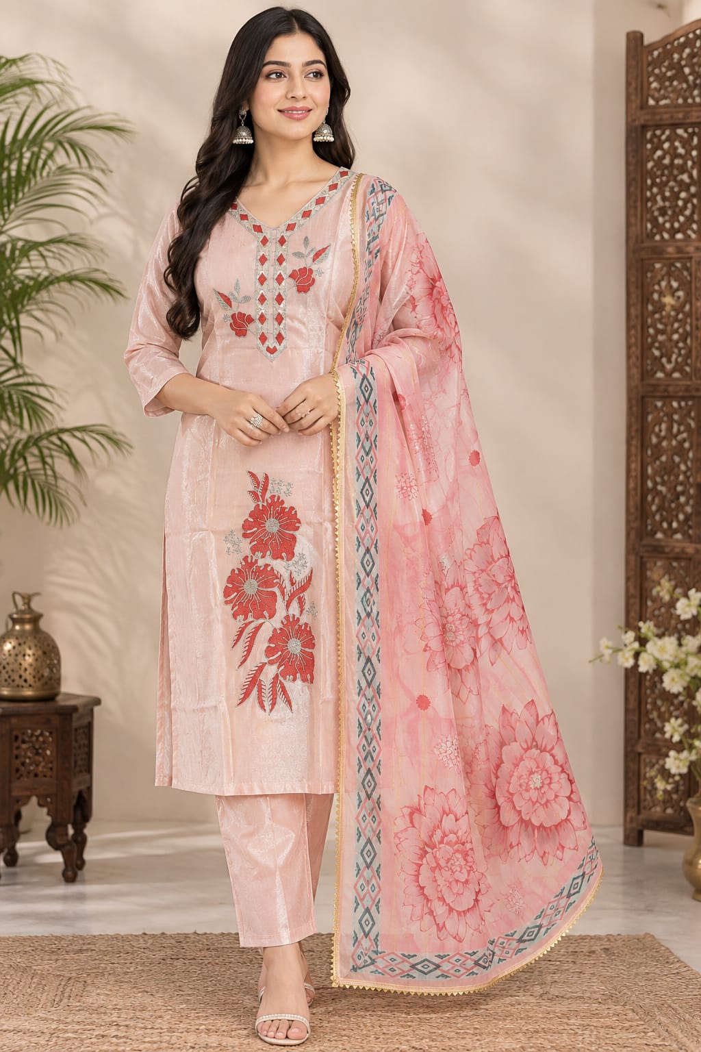 Elegant Peach Poly-Cotton Embroidered Straight Kurta with Pants and Floral Print Dupatta Set
