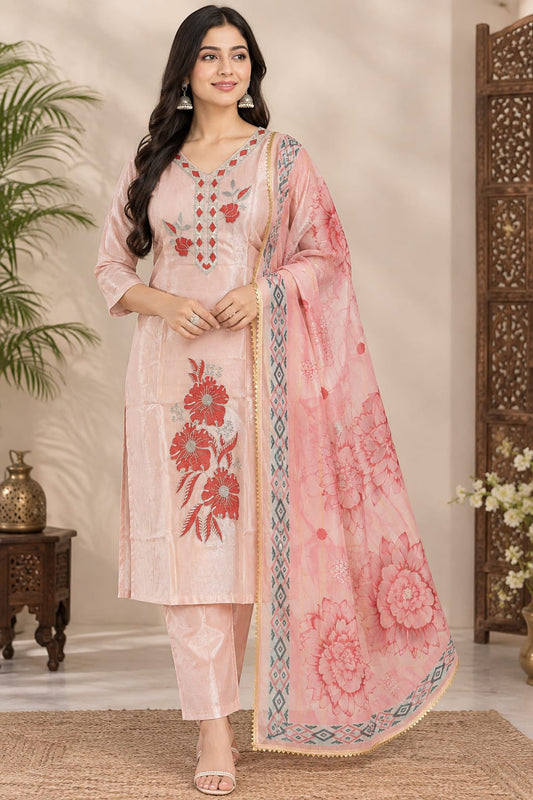 Elegant Peach Poly-Cotton Embroidered Straight Kurta with Pants and Floral Print Dupatta Set