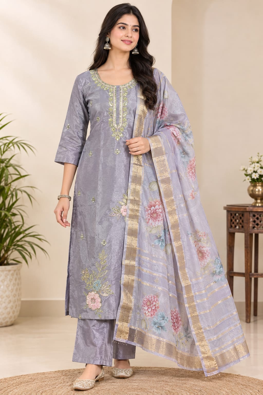 Elegant lavender Pure Viscose Embroidered Kurta with Palazzos and Floral Printed Dupatta Set