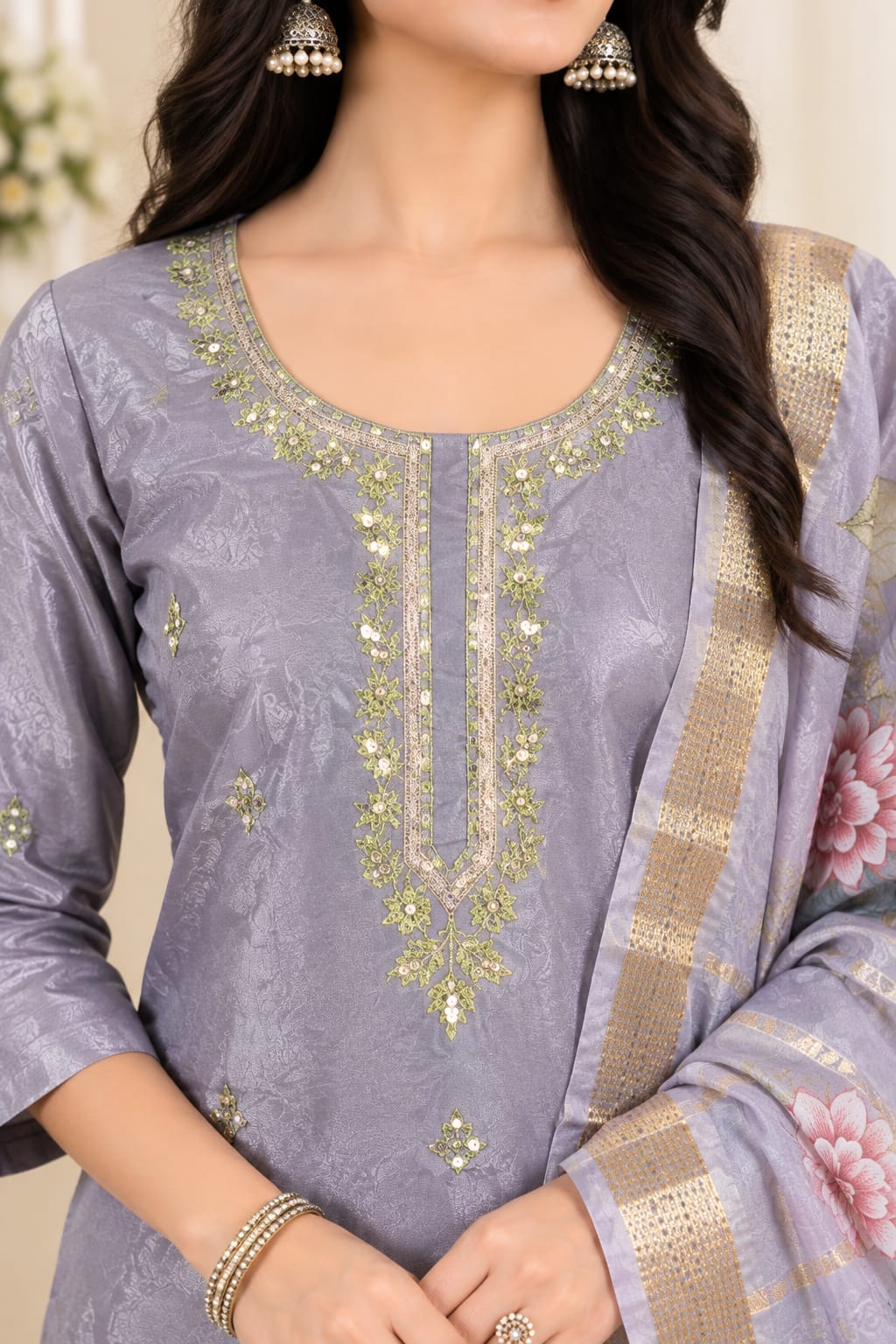 Elegant lavender Pure Viscose Embroidered Kurta with Palazzos and Floral Printed Dupatta Set
