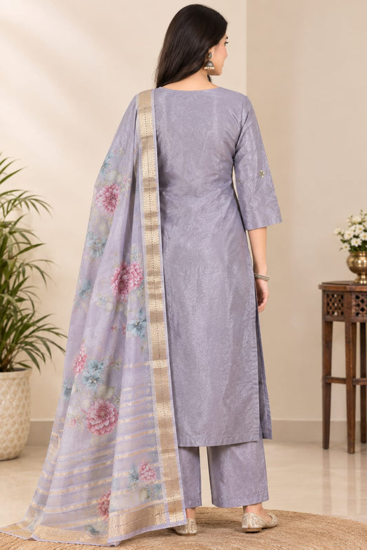 Elegant lavender Pure Viscose Embroidered Kurta with Palazzos and Floral Printed Dupatta Set