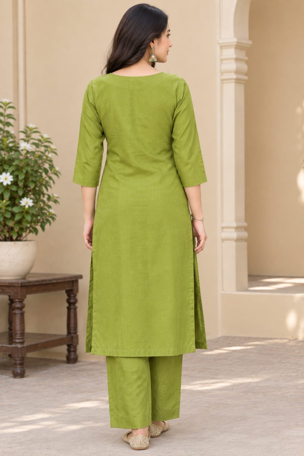 Women Olive Green Poly Cotton Embroidered Straight Kurta with Trouser and Printed Dupatta (3-Piece Set)