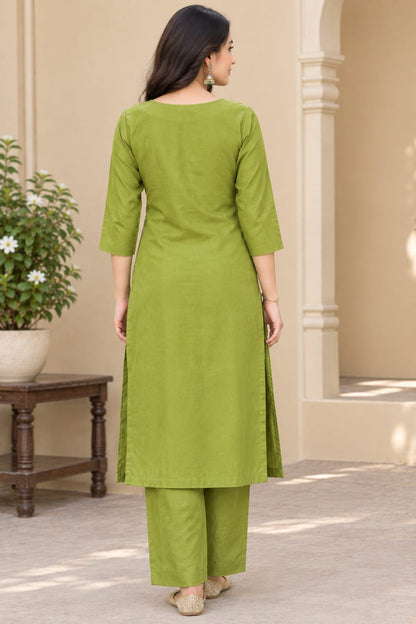 Women Olive Green Poly Cotton Embroidered Straight Kurta with Trouser and Printed Dupatta (3-Piece Set)