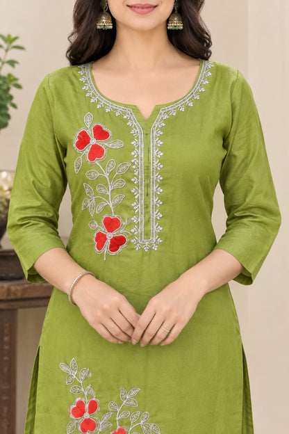 Women Olive Green Poly Cotton Embroidered Straight Kurta with Trouser and Printed Dupatta (3-Piece Set)