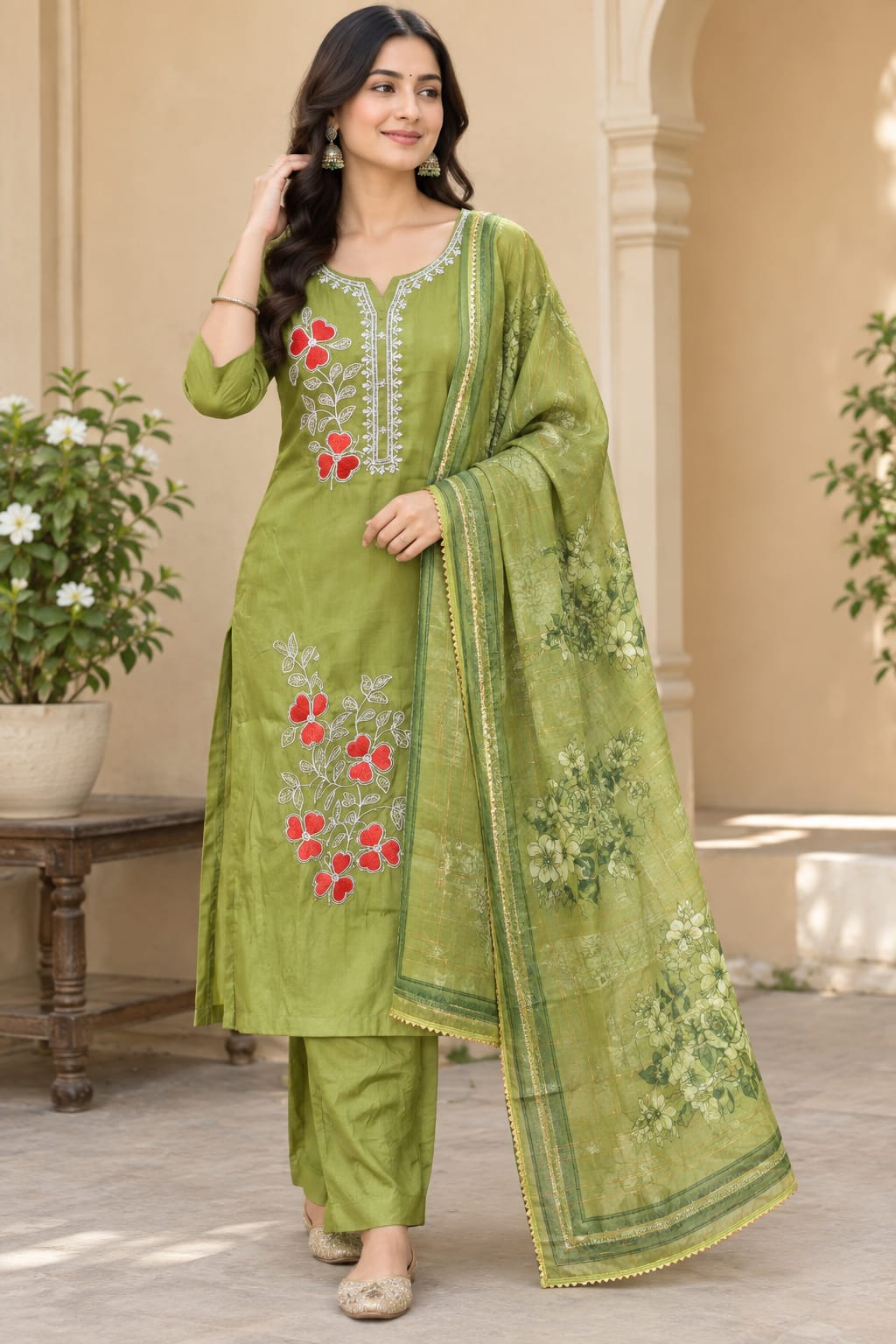 Women Olive Green Poly Cotton Embroidered Straight Kurta with Trouser and Printed Dupatta (3-Piece Set)