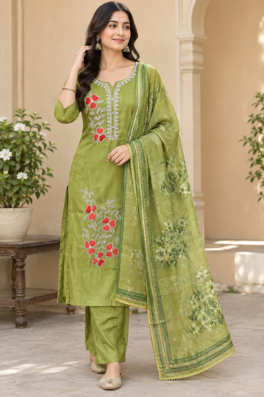 Women Olive Green Poly Cotton Embroidered Straight Kurta with Trouser and Printed Dupatta (3-Piece Set)