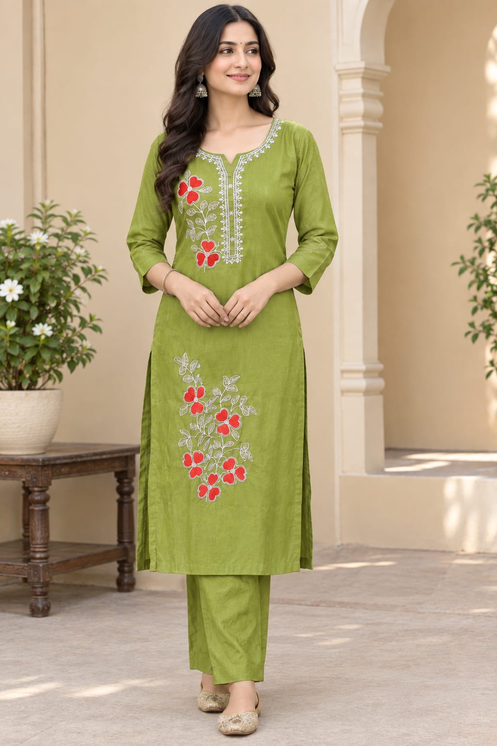 Women Olive Green Poly Cotton Embroidered Straight Kurta with Trouser and Printed Dupatta (3-Piece Set)