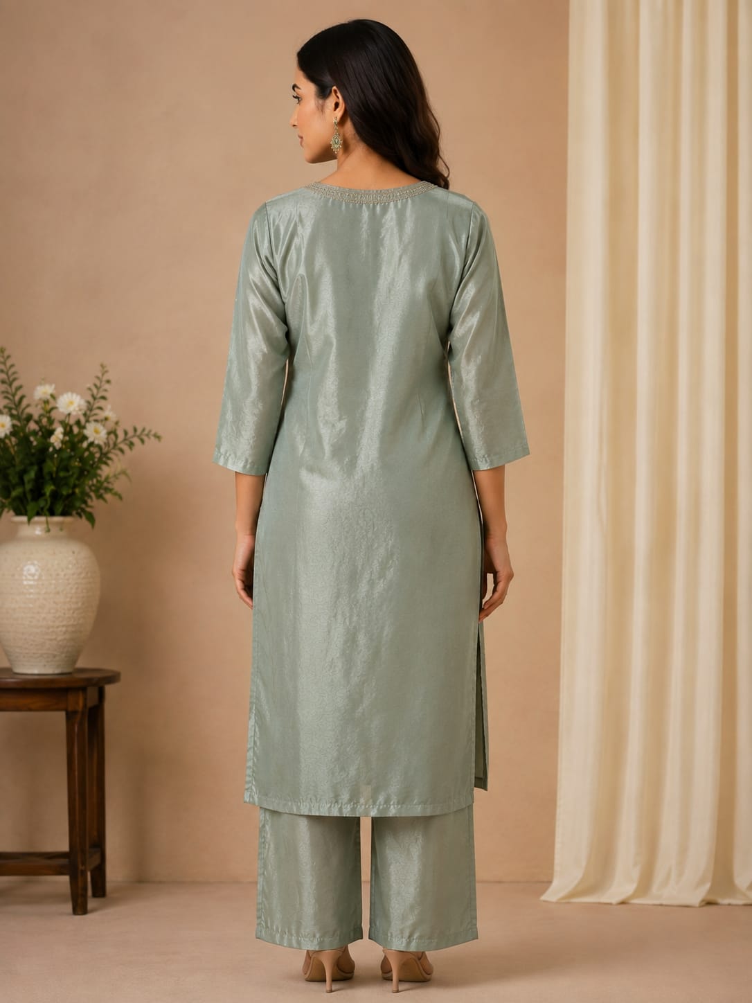 Sage Green Poly Cotton Embroidered Straight Kurta with Matching Pants and Dupatta Set