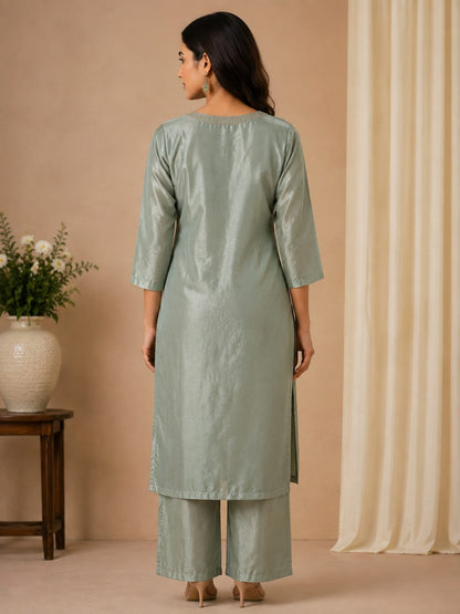 Sage Green Poly Cotton Embroidered Straight Kurta with Matching Pants and Dupatta Set