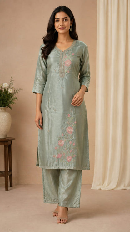 Sage Green Poly Cotton Embroidered Straight Kurta with Matching Pants and Dupatta Set