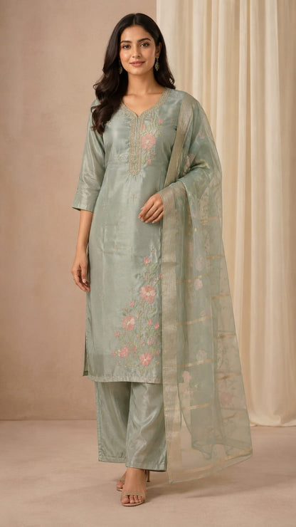 Sage Green Poly Cotton Embroidered Straight Kurta with Matching Pants and Dupatta Set
