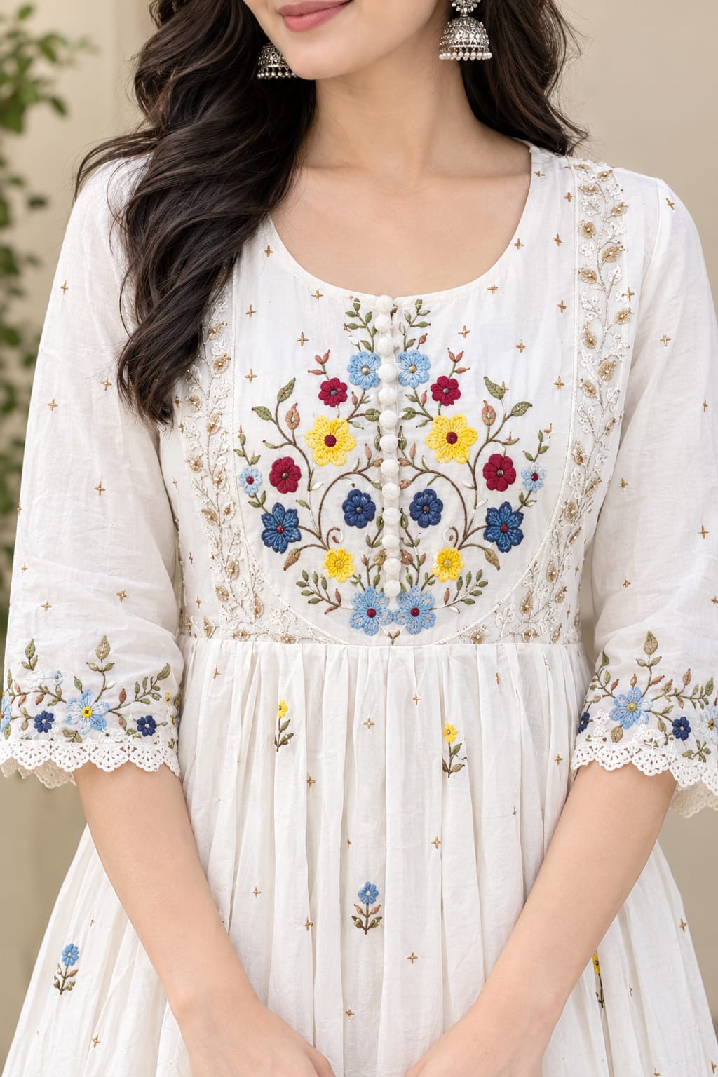 Elegant White Khadi Cotton Floral Embroidered Anarkali Kurti