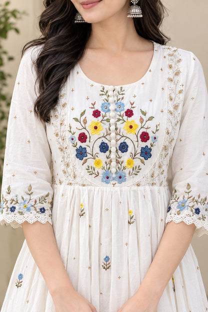 Elegant White Khadi Cotton Floral Embroidered Anarkali Kurti