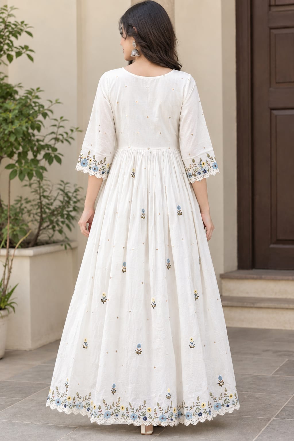 Elegant White Khadi Cotton Floral Embroidered Anarkali Kurti