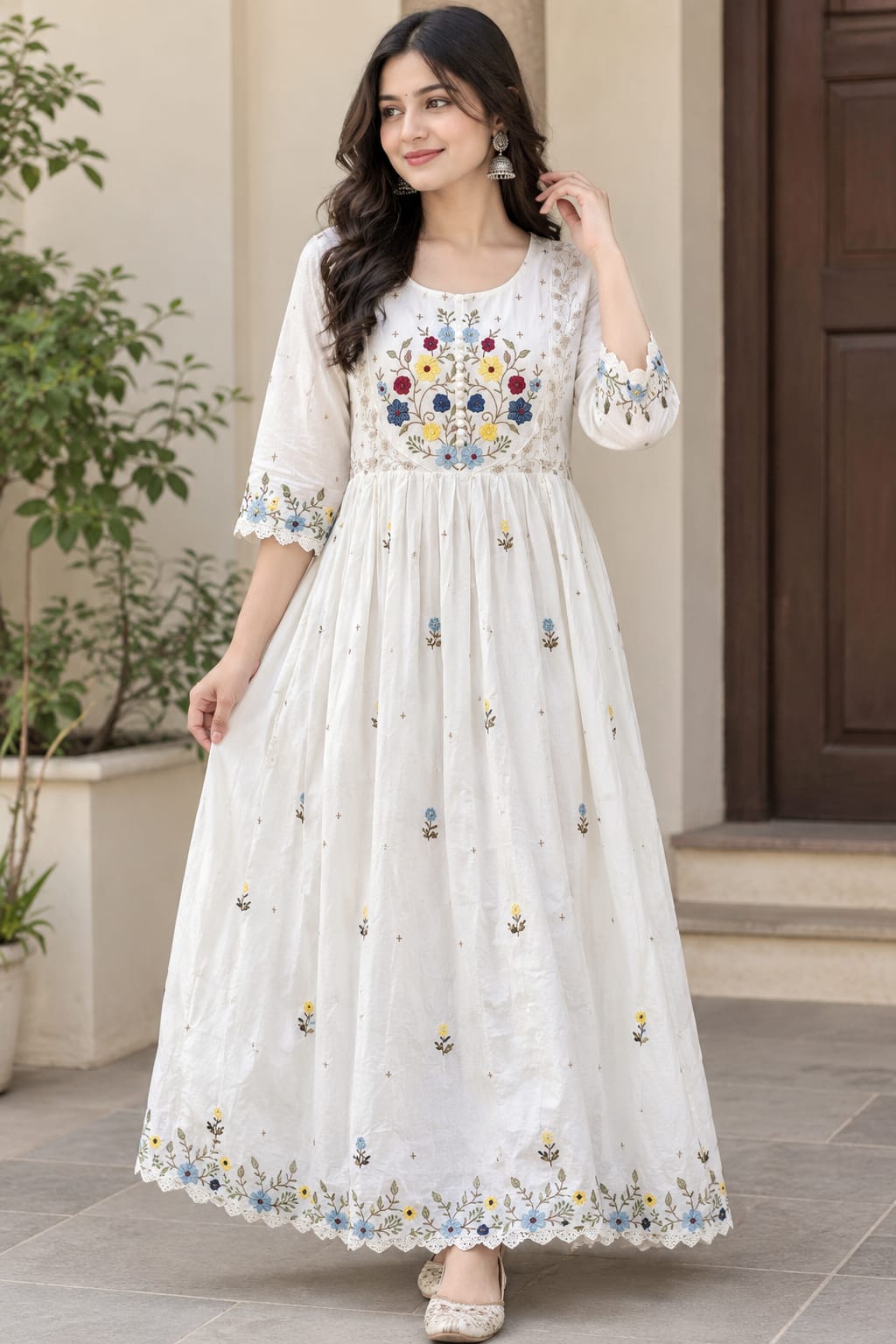 Elegant White Khadi Cotton Floral Embroidered Anarkali Kurti