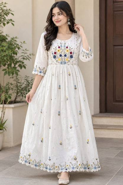 Elegant White Khadi Cotton Floral Embroidered Anarkali Kurti