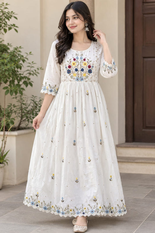 Elegant White Khadi Cotton Floral Embroidered Anarkali Kurti