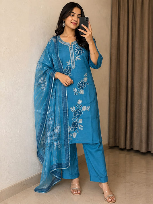 Women's Pure Cotton Solid Blue Kurta with Pant and Floral Printed Dupatta Set | Ethnic Wear 3-Piece Suit for Festive, Party & Casual Wear