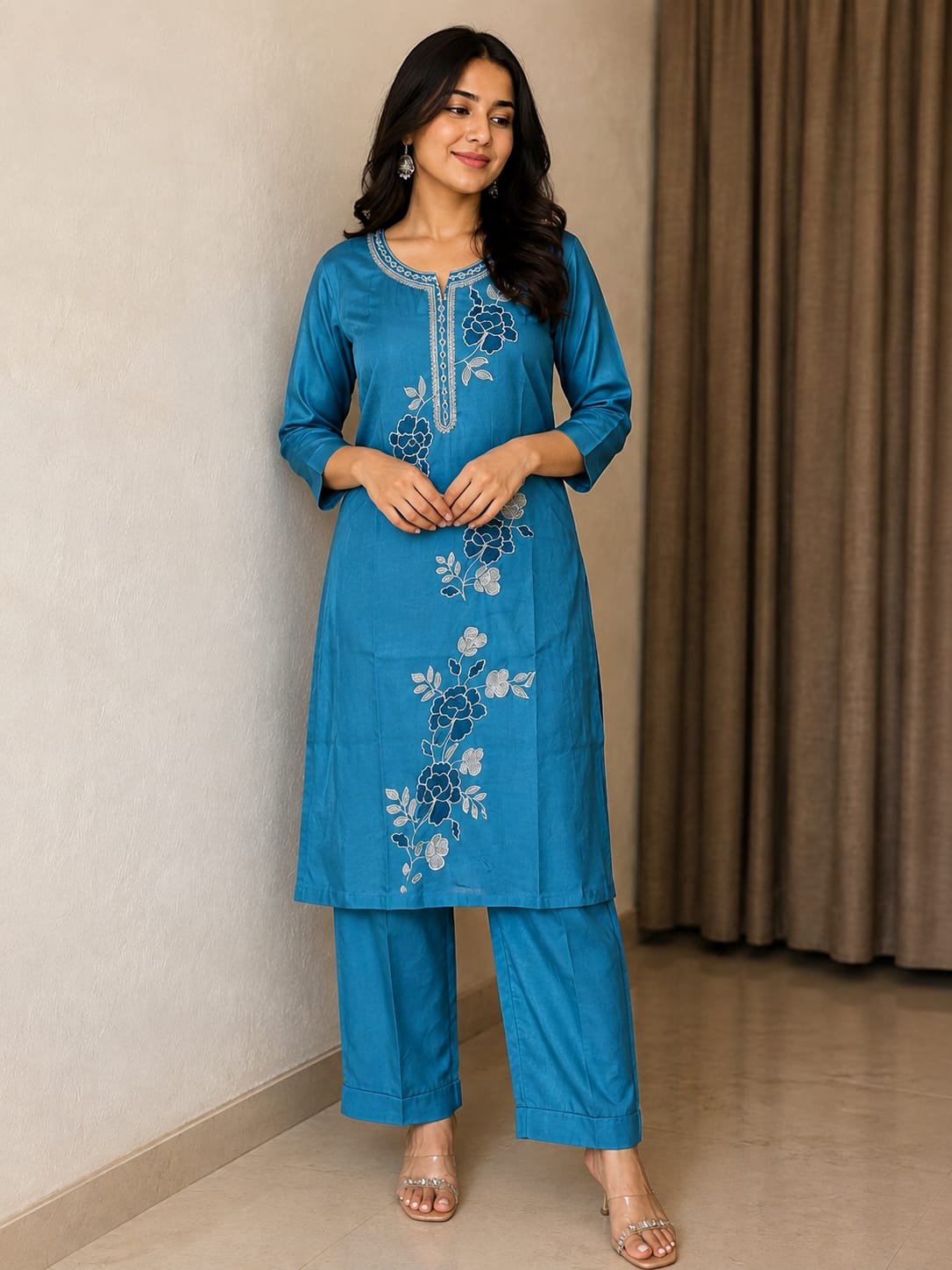 Women's Pure Cotton Solid Blue Kurta with Pant and Floral Printed Dupatta Set | Ethnic Wear 3-Piece Suit for Festive, Party & Casual Wear