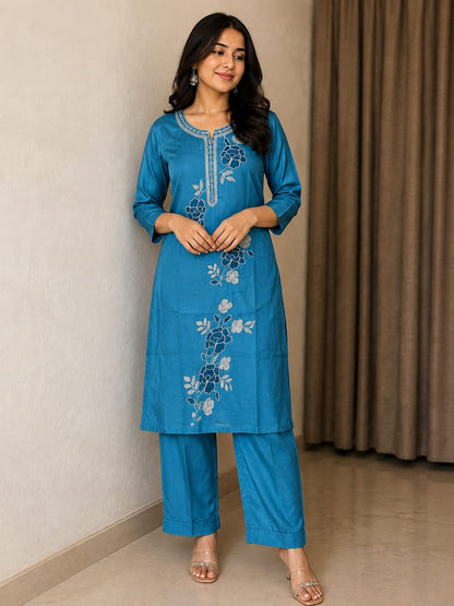 Women's Pure Cotton Solid Blue Kurta with Pant and Floral Printed Dupatta Set | Ethnic Wear 3-Piece Suit for Festive, Party & Casual Wear