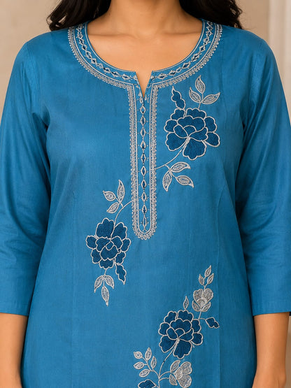 Women's Pure Cotton Solid Blue Kurta with Pant and Floral Printed Dupatta Set | Ethnic Wear 3-Piece Suit for Festive, Party & Casual Wear