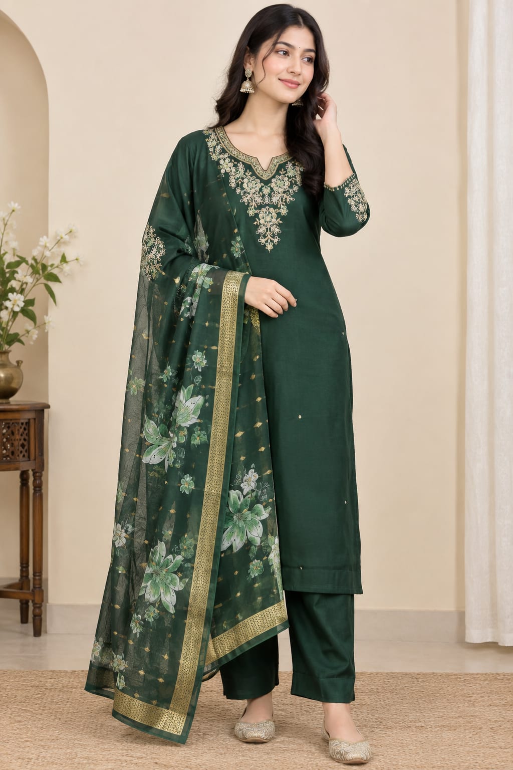 Bottle Green Cotton Embroidered Kurta with Pants and Floral Print Dupatta (3-Piece Set)