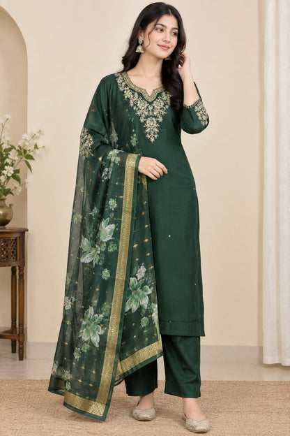 Bottle Green Cotton Embroidered Kurta with Pants and Floral Print Dupatta (3-Piece Set)