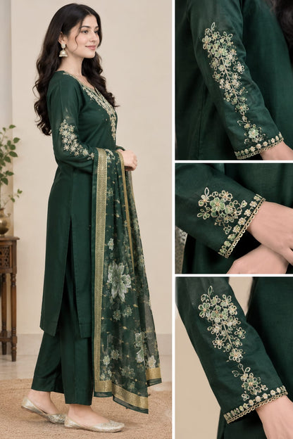 Bottle Green Cotton Embroidered Kurta with Pants and Floral Print Dupatta (3-Piece Set)