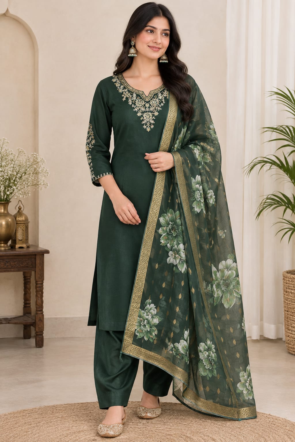 Bottle Green Cotton Embroidered Kurta with Pants and Floral Print Dupatta (3-Piece Set)
