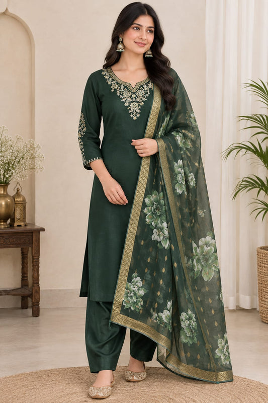 Bottle Green Cotton Embroidered Kurta with Pants and Floral Print Dupatta (3-Piece Set)