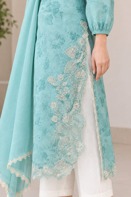 Elegant Sea Green Floral Printed & Embroidered 3-Piece Poly Cotton Suit Set with Dupatta