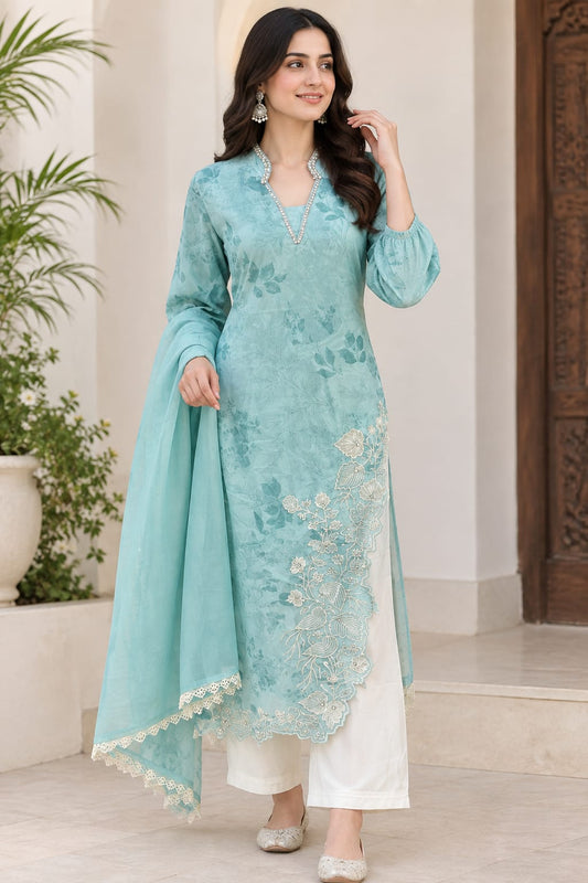 Elegant Sea Green Floral Printed & Embroidered 3-Piece Poly Cotton Suit Set with Dupatta