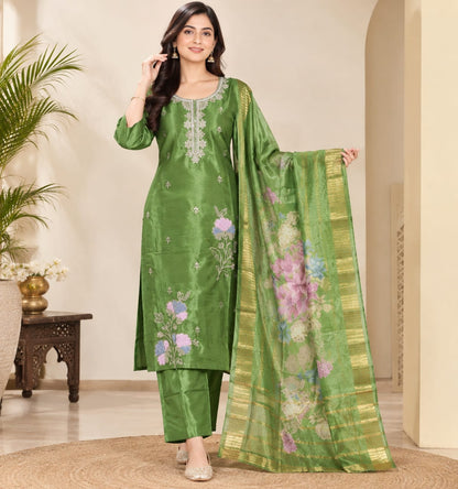 Women's Green Viscose Silk Embroidered Kurta with Pant and Floral Print Dupatta Set (3-Piece Party Wear Suit)