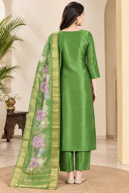 Women's Green Viscose Silk Embroidered Kurta with Pant and Floral Print Dupatta Set (3-Piece Party Wear Suit)