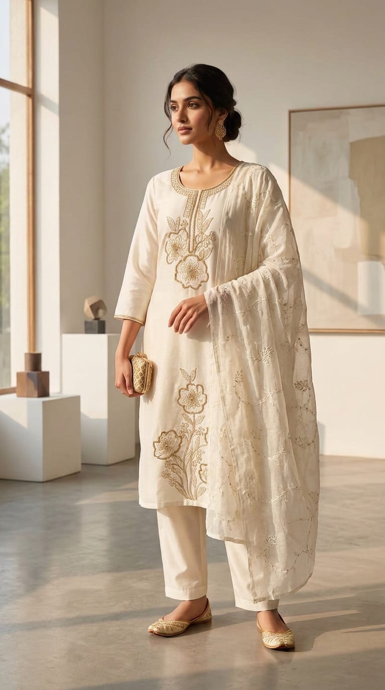 Elegant Off-White & Gold Embroidered Cotton 3-Piece Suit Set with Matching Dupatta