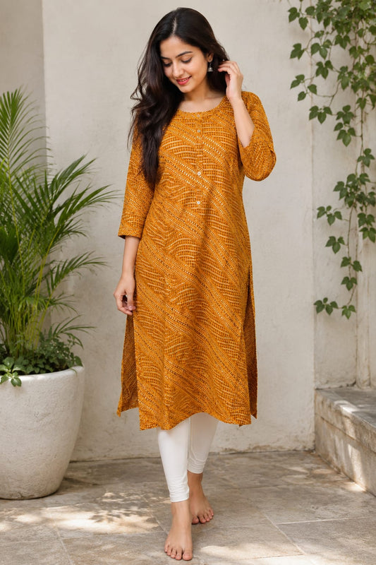 Women's Mustard Yellow Leheriya Wave Printed Pure Cotton Straight Kurta ( Single piece Kurta)