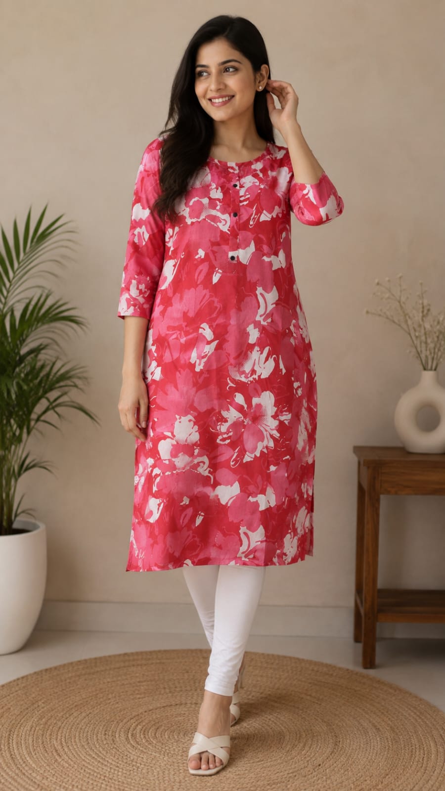 Women's Vibrant Pink Abstract Floral Printed Pure Cotton Straight Kurta (Kurta Single piece)