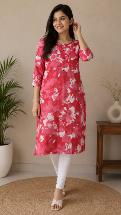 Women's Vibrant Pink Abstract Floral Printed Pure Cotton Straight Kurta (Kurta Single piece)