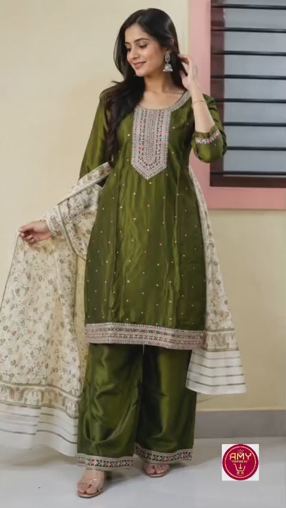 Women's Olive Green Poly Cotton Embroidered Straight Kurta with Palazzo & Floral Printed Dupatta Set (3-Piece Set)