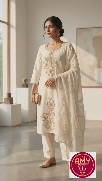 Elegant Off-White & Gold Embroidered Cotton 3-Piece Suit Set with Matching Dupatta
