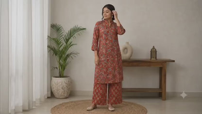 Women's Rust Orange Floral & Ethnic Printed Pure Cotton Kurta with Wide-Leg Palazzo Set (2-Piece Set)