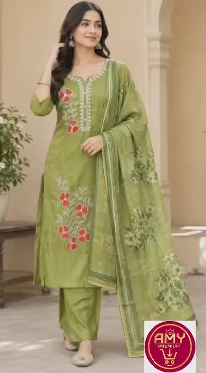 Women Olive Green Poly Cotton Embroidered Straight Kurta with Trouser and Printed Dupatta (3-Piece Set)