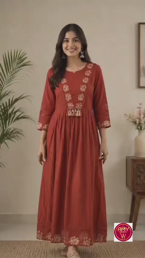 Women's Rust Red Embroidered Anarkali Cotton Long Maxi Dress (Single piece Dress)
