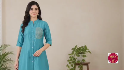 Women's Teal Blue Embroidered Shirt-Style Tunic with Pant Co-ord Set (2-Piece Set)
