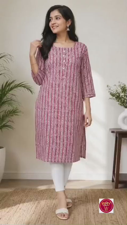 Women's Pink & White Printed Pure Cotton Straight Kurta (Single piece Kurta)