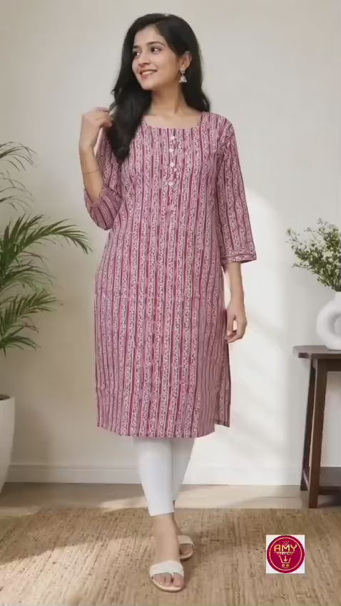 Women's Pink & White Printed Pure Cotton Straight Kurta (Single piece Kurta)